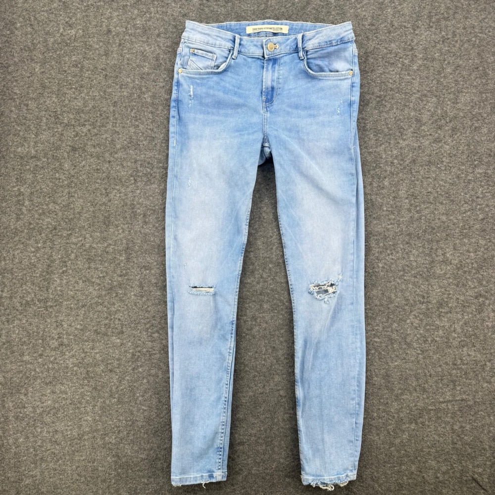Zara Trafaluc Distressed Light Wash Skinny Jeans Ripped Knee Frayed Hem Size 8